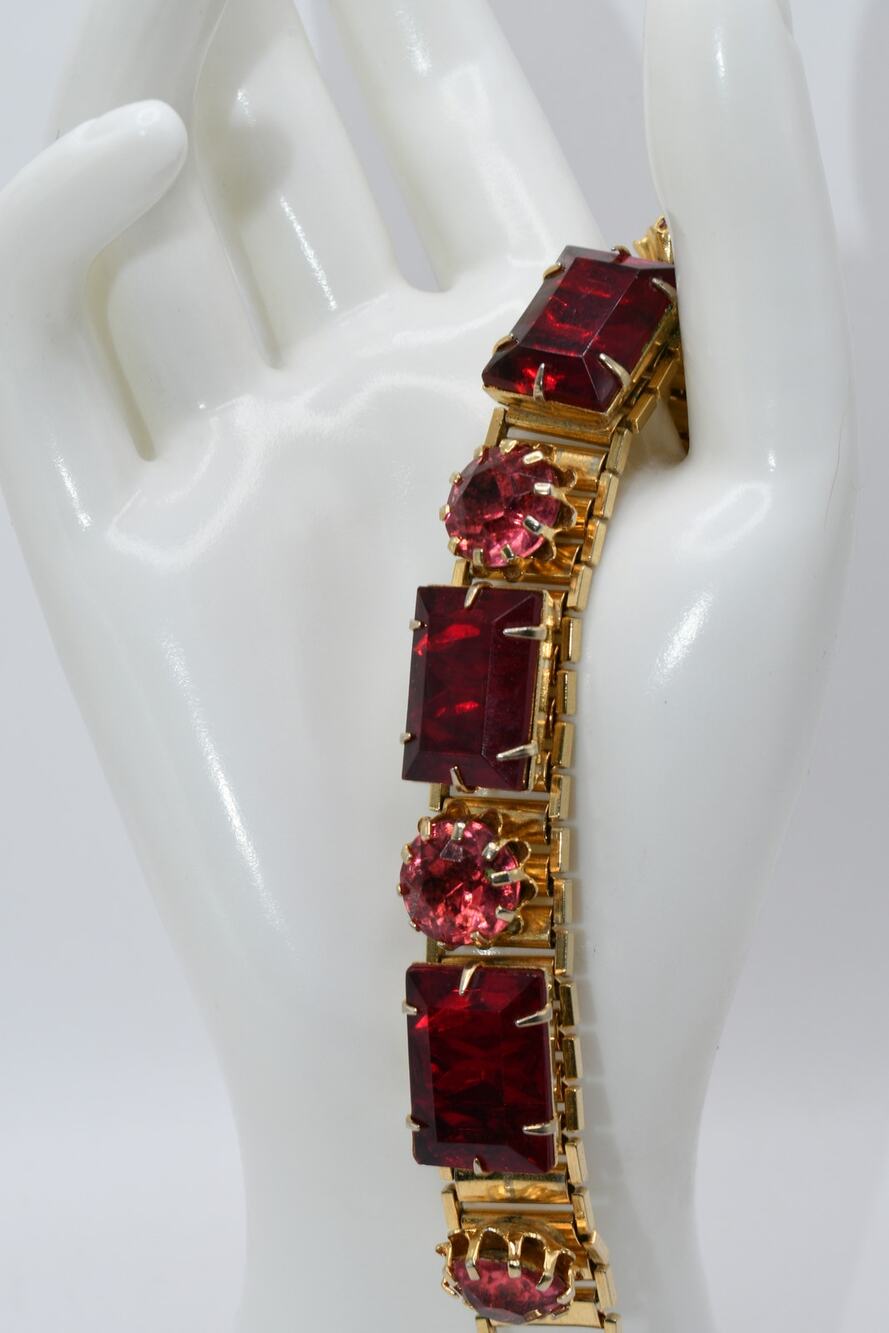 1950s Red Emerald Cut Rhinestone Bracelet Gold Tone Pink Chatons 6.5”